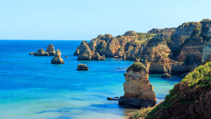 Panoramic view of rocky beaches with cliffs, atlantic ocean