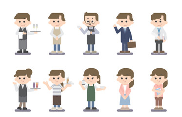 いろいろな職業・男女のフラットイラスト2（カフェ・バー・バリスタ・オフィスワーク）