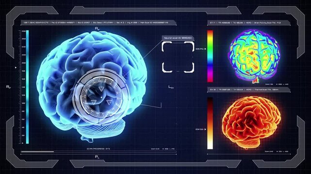 brain scan 3d animation, futuristic medical screen scan, holographic brain test, futuristic medical screen scan, brain hologram, cyber brain, human hologram HUD analysis