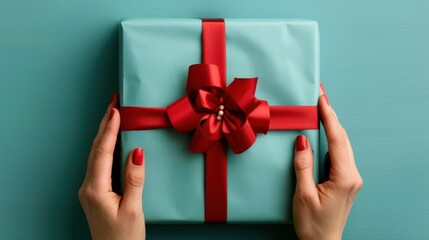 Woman wrapping personalized gifts with customized tags and ribbons, deep depth of field, copy space included, focus on all objects.