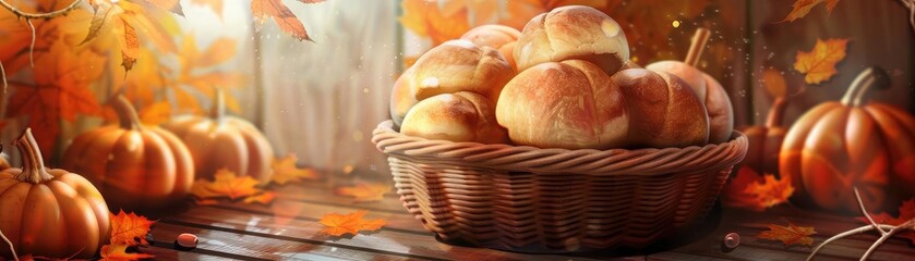 Obraz premium Basket of freshly baked bread rolls on a wooden table, surrounded by pumpkins and autumn leaves, creating a cozy fall scene.