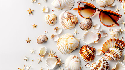 Obraz premium Seashells and sunglasses on white backdrop, studio photography, copy space