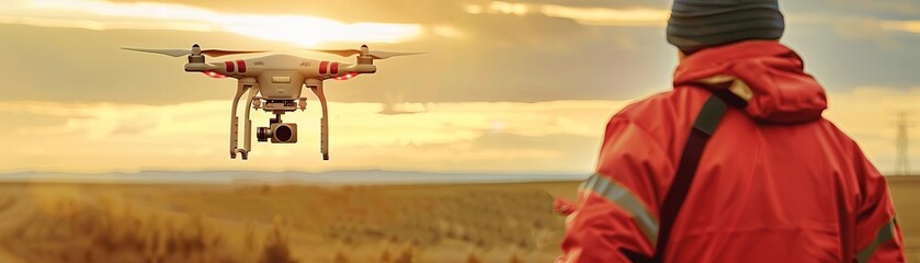 Remote control drone operator surveying land, advanced drone control