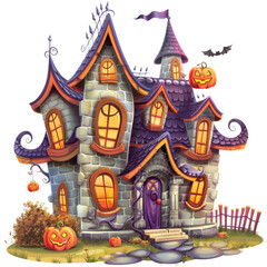 Whimsical haunted house illustration with pumpkins and spooky decor, perfect for Halloween-themed designs and projects.