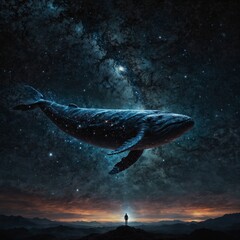 Fototapeta premium In the vast expanse of the cosmos, a majestically drifting Giant Space Whale commands attention. Its massive body shimmers with ethereal hues of cosmic dust