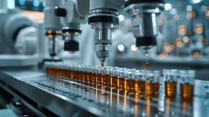 Fototapeta premium A robotic assistant working in an advanced laboratory, handling blue liquid-filled vials, representing modern technology and automation in scientific research.