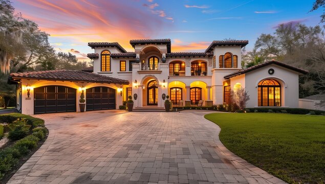 A beautiful photo of the front view of an elegant Spanish style home in Orlando, FL with a large stone driveway and lights on at sunset.