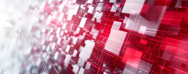 Obraz premium Abstract red and white background with geometric shapes, cubes or squares arranged in motion blur effect for technology concept.