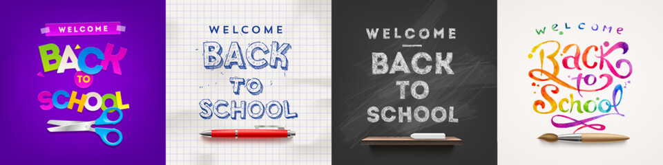 Back to school - set of vector greeting card. Education flyer. Poster template with school stationery.