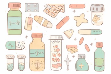 Cute doodle pastel art style of various medical items like pill bottles