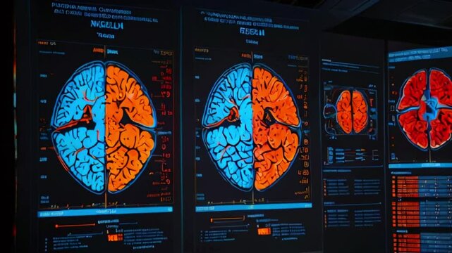 Three side-by-side images of a brain scan in blue and orange hues.