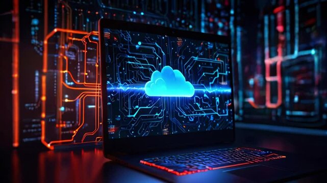 A laptop with a glowing blue cloud on the screen and a red and blue circuit board-like background.