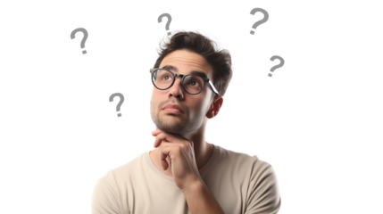 man Thinking confused by solution or problem and question marks , man with decision making expression isolated on transparency background