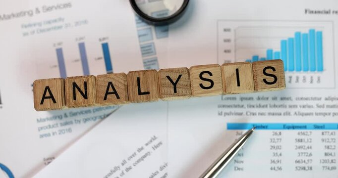 Word analysis in business report and financial charts. Financial data and document graph and charts
