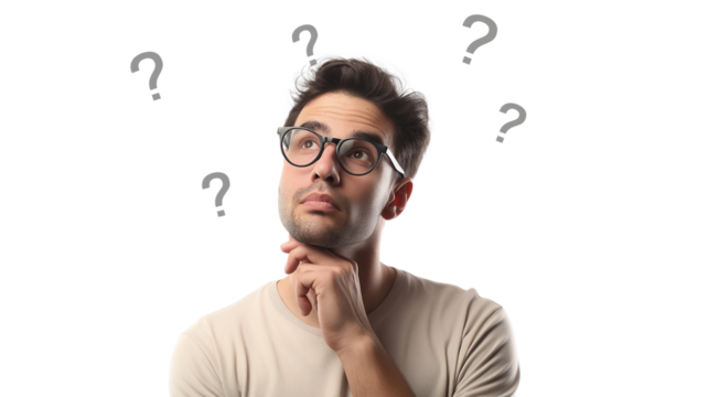 man Thinking confused by solution or problem and question marks , man with decision making expression isolated on transparency background