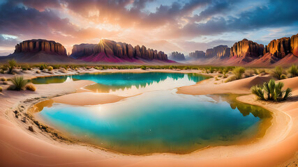 sunset in the desert, desert oasis landscape.