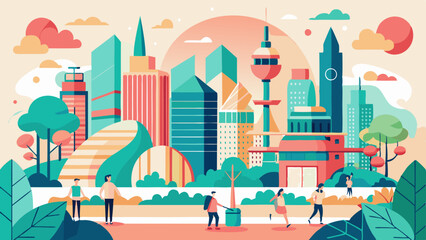 Modern cityscapes with skyscrapers, parks, and people, vector illustration