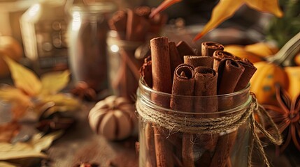 Close-up of a spice jar with cinnamon sticks, surrounded by fall decor, soft warm light, detailed textures, hyper-realistic style