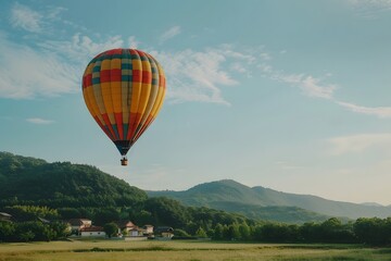 Naklejka premium Hot air balloon floats above hamlet