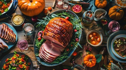 Fototapeta premium Festive Thanksgiving feast with carved ham, pumpkins, salads, and assorted sides on a beautifully set wooden table.