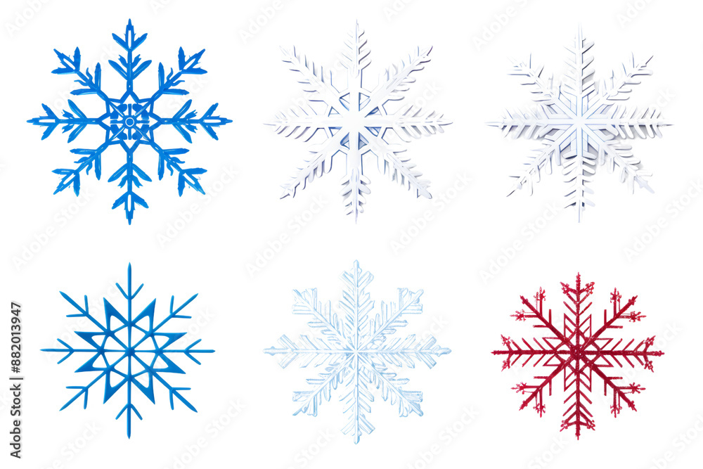 Poster different snowflake designs on a white background isolated on white background