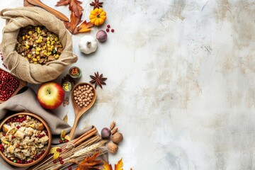 Fototapeta premium Top view of seasonal autumn ingredients on a rustic background, including grains, apple, nuts, and spices. Space for text on the right.