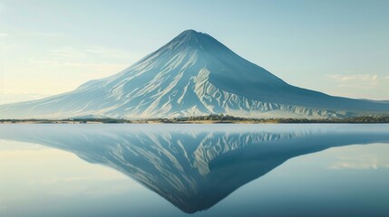 Fototapeta premium Volcanic mountain in morning light reflected in calm waters of lake 