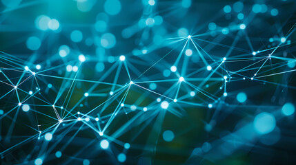 Obraz premium A simple network of glowing blue lines and nodes that create abstract geometric shapes. A dark blue background with hi-tech digital connectivity gives a futuristic feel. Details are sharp and clear.