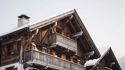 Wooden Chalet with Snow Covered Roof