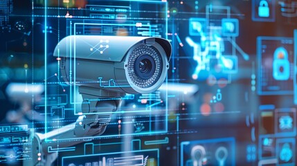 A futuristic scene of a CCTV camera with holographic alerts and data, symbolizing proactive security measures and technology