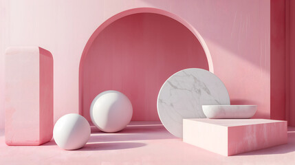 Fototapeta premium 3d scene with abstract ball and pink background with sunlight. 3d render in the modern style.
