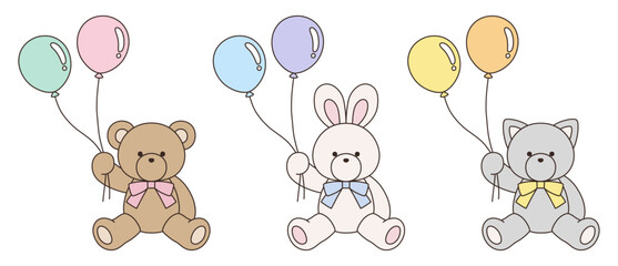 リボンをつけたかわいいくまとうさぎとねこのぬいぐるみのベクターイラストセット。アイコン、風船	