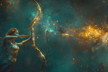 Intricate Sagittarius zodiac constellation set against a backdrop of swirling galaxies and celestial wonders