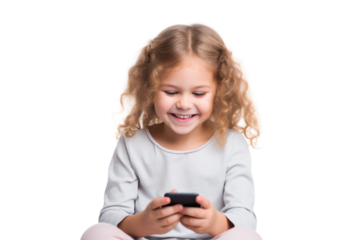 Young girl enjoying a game on her smartphone, smiling and sitting comfortably. Isolated on white background