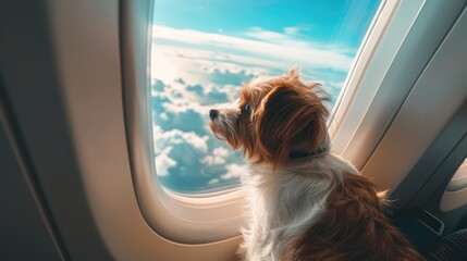 Curious Canine on Air Travel, Small Dog in Carrier Admiring Clouds and Wing View from Airplane Window Seat