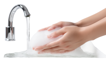 Woman using liquid soap to wash her hands highlighting the lather and cleanliness in a hygiene concept Isolated on white background