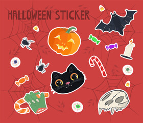 Sticker pack of Halloween cartoon elements. Vector illustration, big set of spooky design elements in simple cartoon style. Scary items, symbols and signs. Halloween decorations.
