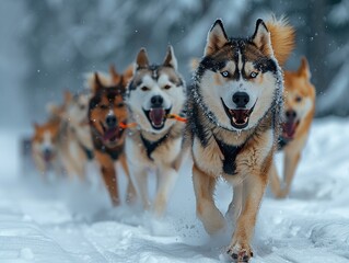 Scenic view of a sled dog team, Siberian Huskies trotting through a winter wonderland