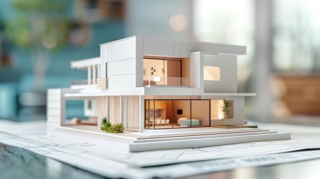 model of a small living house on a table in a real estate agency office