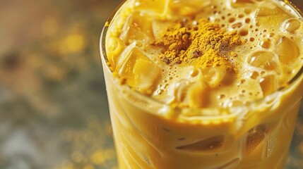 Golden Turmeric Latte: Macro View in Modern Glass with Exquisite Details and Soft Light Glow