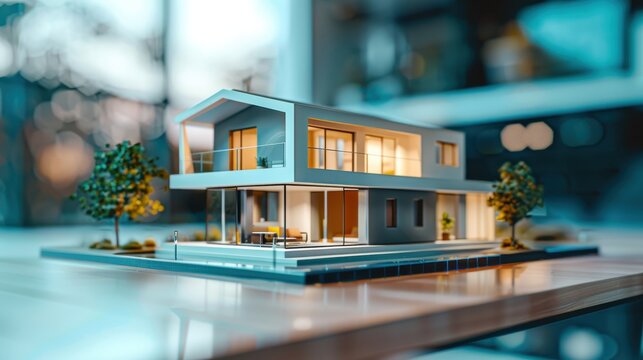 model of a small living house on a table in a real estate agency office