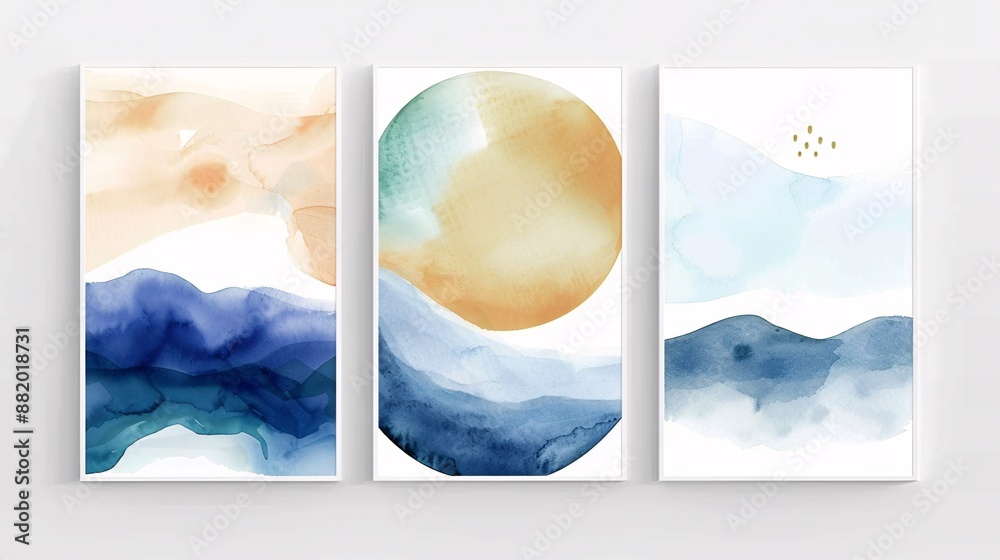 Fototapete three modern watercolor art posters with a continuous design, seamlessly connected on a white backgr