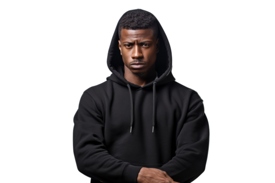 Thoughtful black man in a hoodie isolated on white background