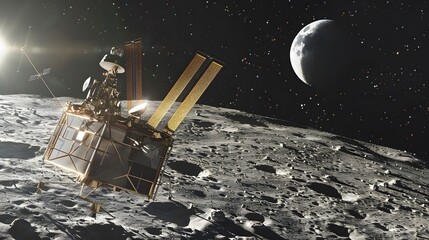 Naklejka premium Digital illustration of a geomodule satellite with three-axis structure orbiting the lunar surface, set against the backdrop of space. 