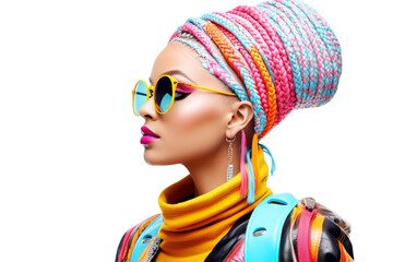 Naklejka premium woman with colorful braids, dressed in a chic outfit and standing with a relaxed pose. Isolated on white background