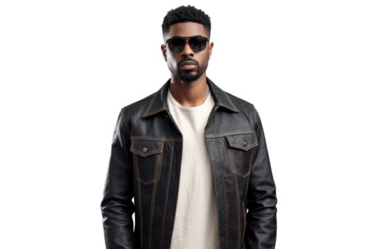 Stylish black man in denim jacket isolated on white background