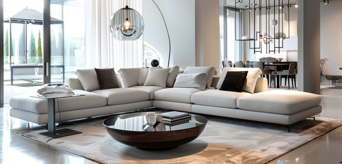 A modern living room featuring a luxurious sectional sofa, a reflective glass coffee table, and unique contemporary lighting.