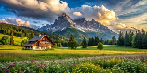 Alpine Cottage Amidst Blooming Meadows, Wide Shot, Lush Green Grass, Mountainous Landscape, Cloudy Sky, Sunset,  Dolomites, Italy, Alpine, Cottage, Mountain