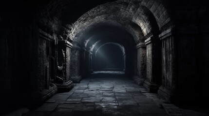 A Dark and Eerie Ancient Tunnel with Arched Ceilings and Stone Walls