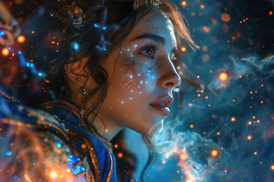 virgo zodiac sign with intergalactic elements and background, perfect for astrology ads and articles